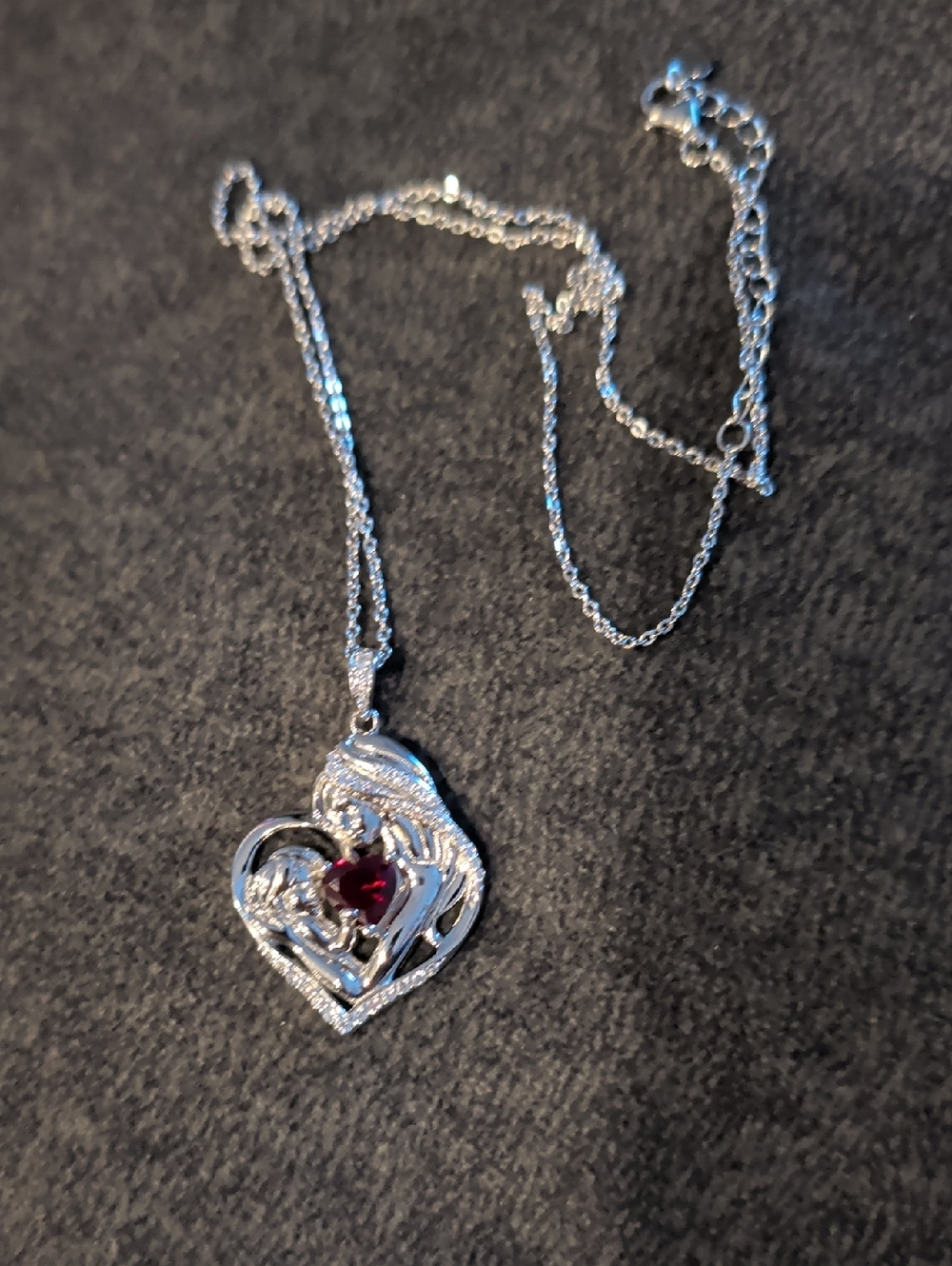 Silver Heart Mother/Child Pendant Necklace with Ruby